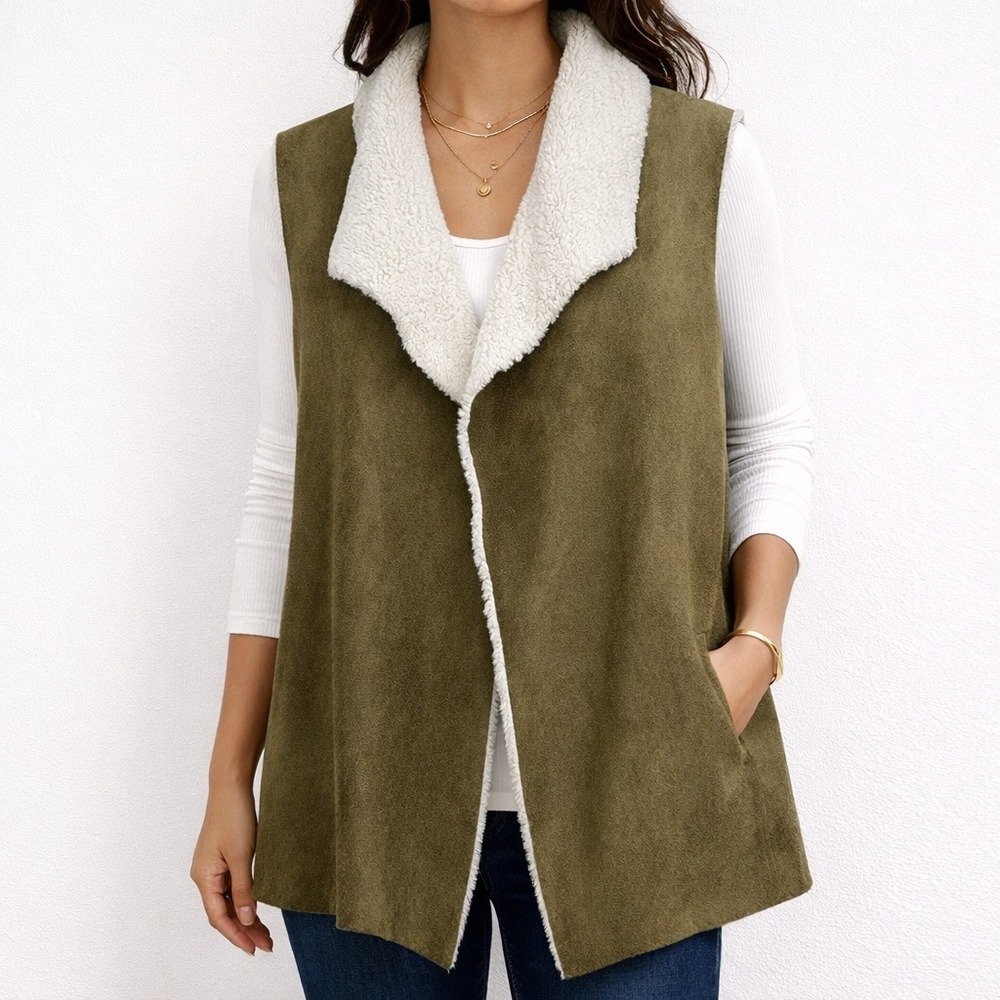 Madison & Lola Faux Suede Sherpa Vest Women's L Olive‎ Green Brown Boho Western